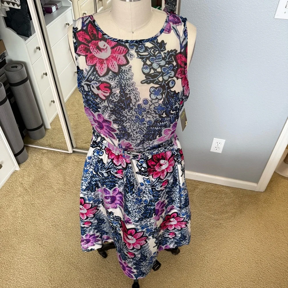 Floral Sleeveless Dress with Pink and Blue Accents